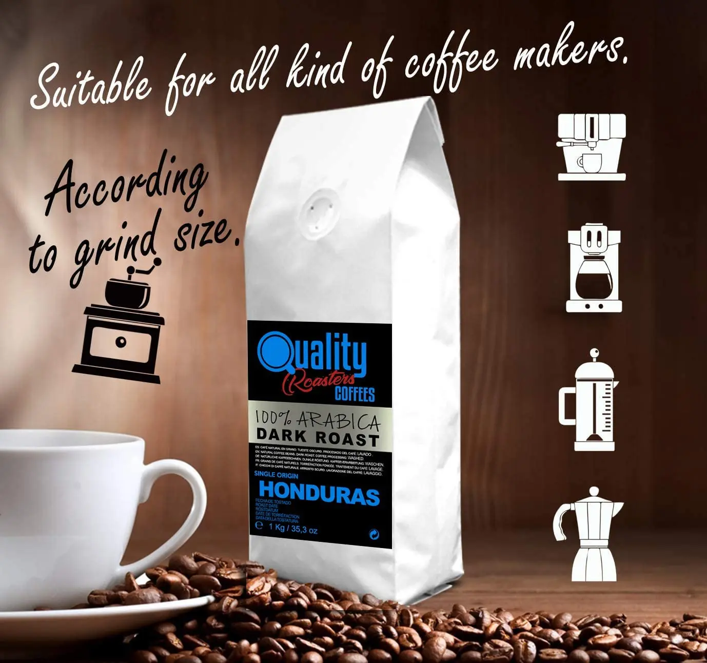 Café en grano natural. Tueste Oscuro. 100% Arabica. Origen único Honduras, 1kg.