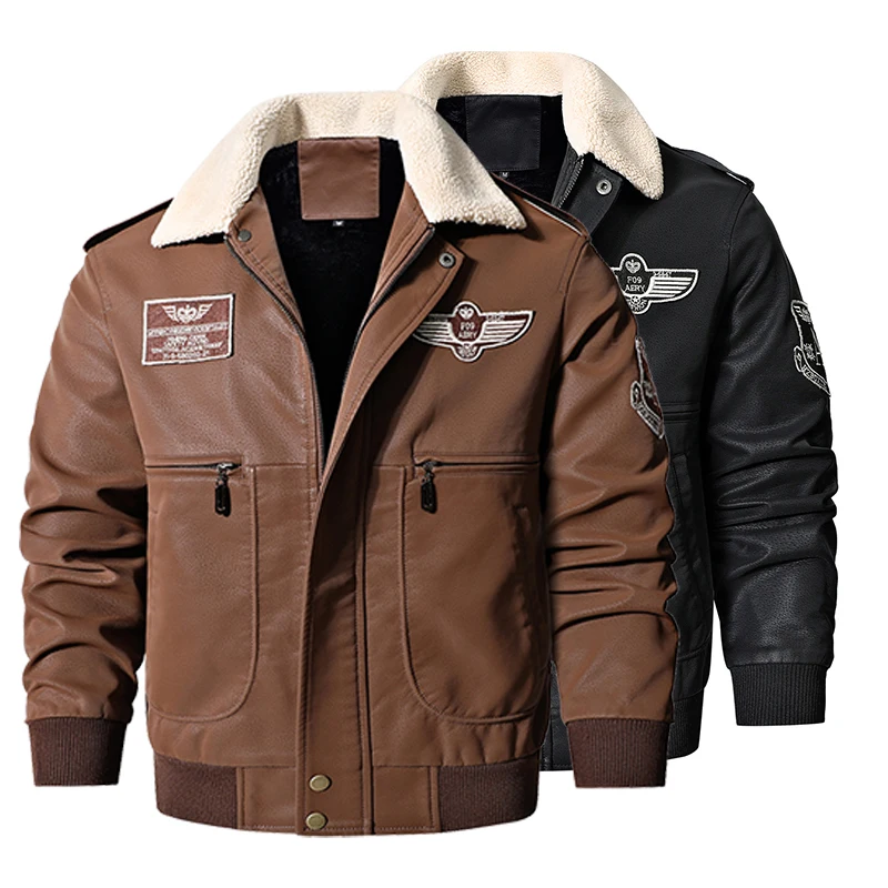 Men\'s Bomber Motorcycle Leather Jacket Vintage Brown Military Flight Coat Winter Fleece Faux Leather Pigskin Plus Size Jaqueta