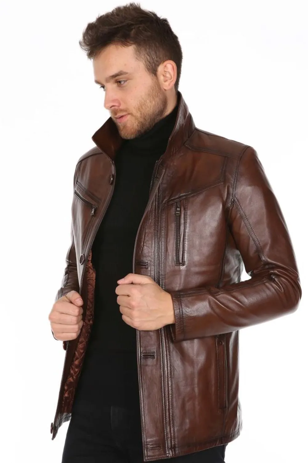 Jaqueta masculina de couro genuíno esporte modelo original pele de cordeiro cor marrom furless softy 2022 tendência aparência feita na turquia e-181