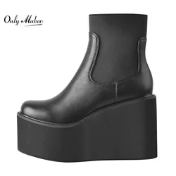 Onlymaker Round Toe Boots Wedges High Heel Slip-on Martin Boots Ankle Booties Platform Matte Black Big Size