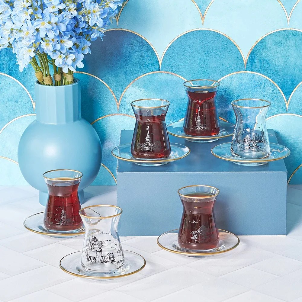 Istanbul Pattern Gold Glass Tea Cup Set 6 Person Tea Set 12 Pieces 6 Glasses 6 Saucers 6 Persons Tea Set Hot Drink