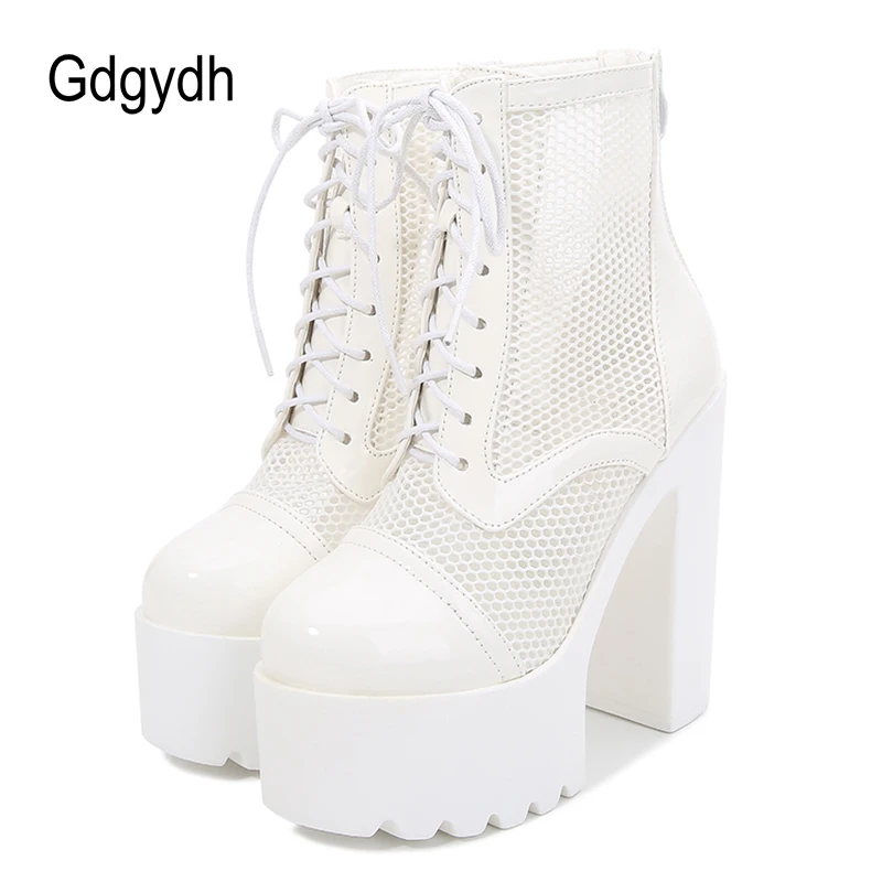 Gdgydh Womens Mesh Breathable High Heel Platform Boots Lace Up and Zipper Sexy Modern Motorcycle Boots Block Heels Punk Style