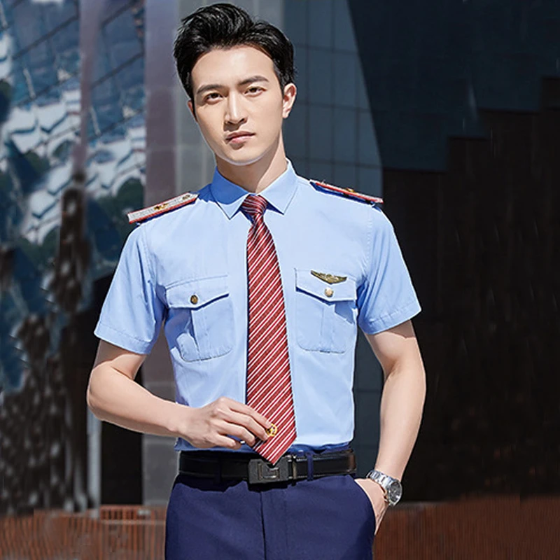 Aviation Pilot White Shirt Men Summer Short Sleeve Slim Air Force Captain Stewardess Pilot Uniform Office Work Cosplay Clothes