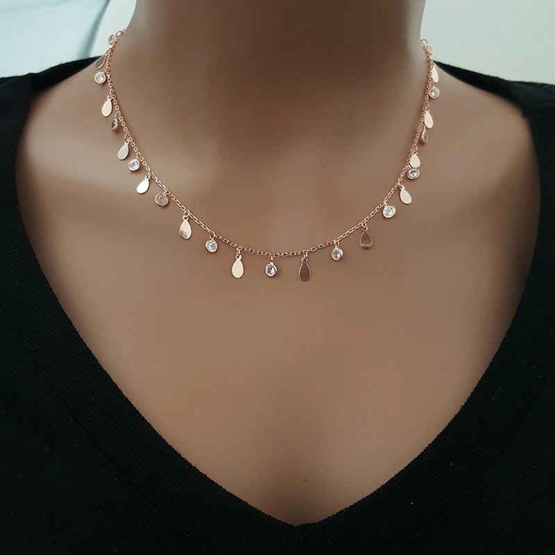 Rose Gold Plated 925 Silver Minimalist Disc Drop Cz Diamond Necklace Choker