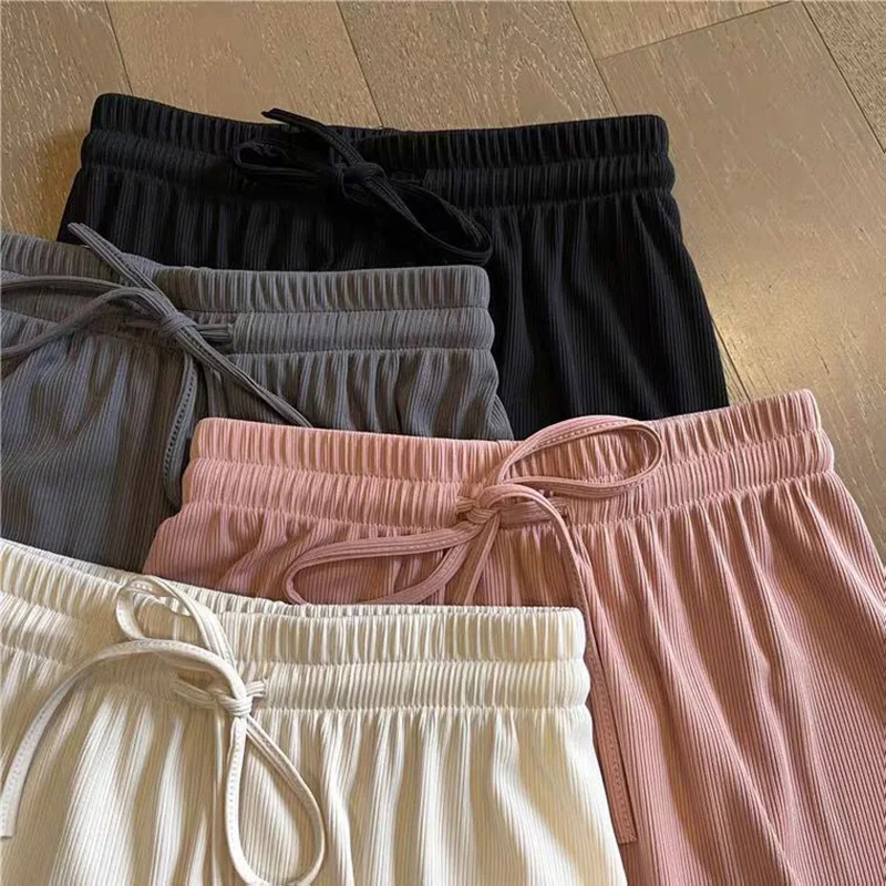 Spring and Autumn New Ladies Ice Silk Light Wide Leg Trousers Girl Solid Color High Waist Loose Wild Straight Casual Pants