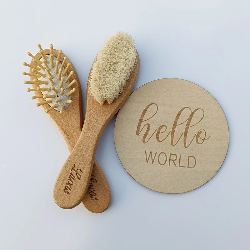 Personalized Wooden Newborn  Brush Baby Boy Girl Soft Hair Massager New  Handle Wool Natural  Comb Kids Hairbrush Photo Set