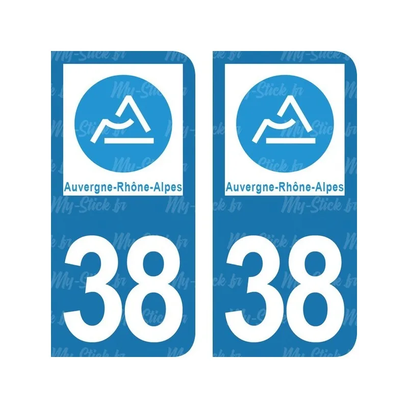 Registration plate sticker Department 38 of Isère Auvergne-Rhône-Alpes for car in blue or black background