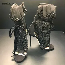 2020 Luxury Black Mesh Women's Ankle Boots Autumn Peep Toe Ankle Strap Boots Sandals Elegant Black Lace Women High Heel Boots