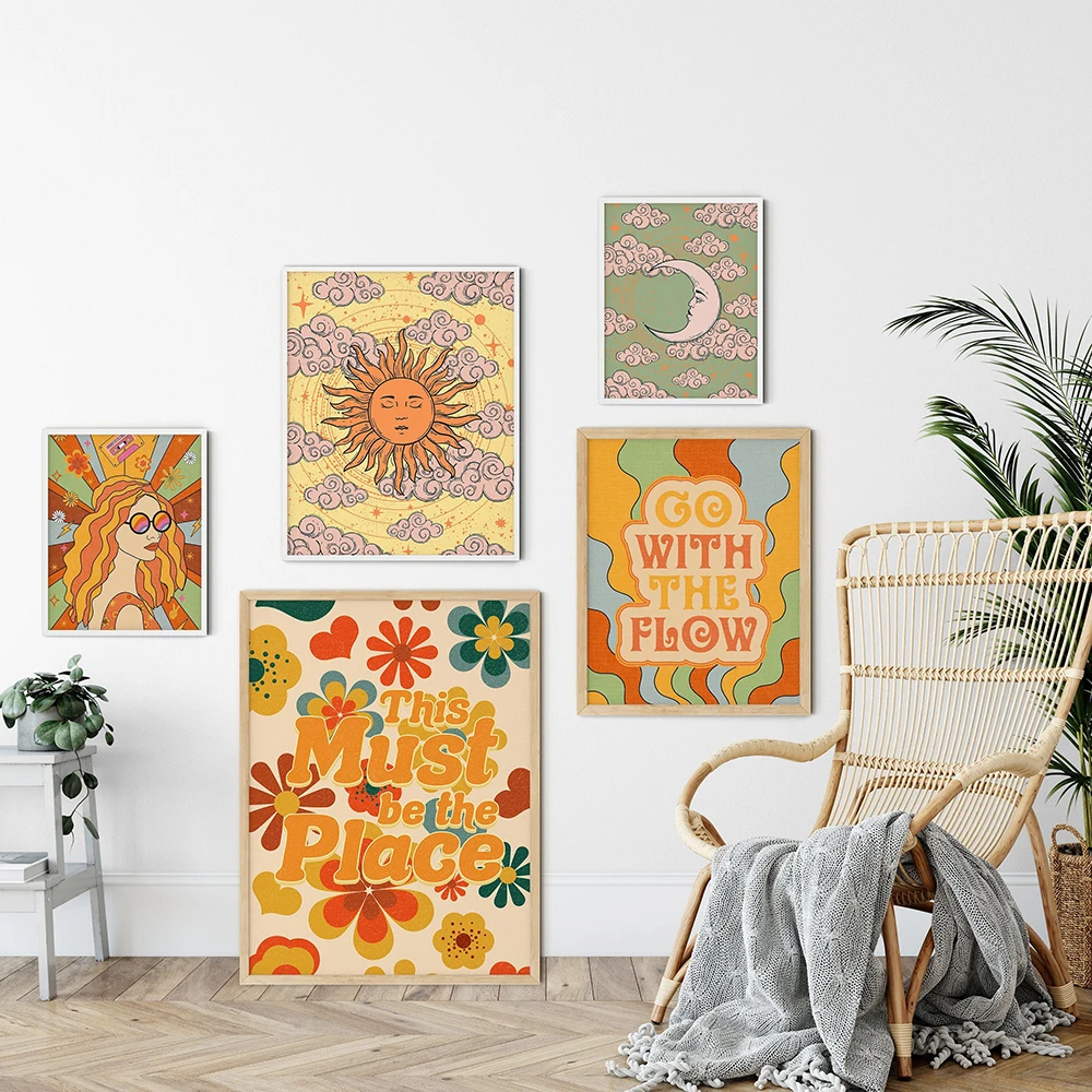 

70s Poster This Must Be the Place Quote Wall Art Sun Moon Girl Print Picture Boho Canvas Painting Retro Kids Bedroom Home Decor