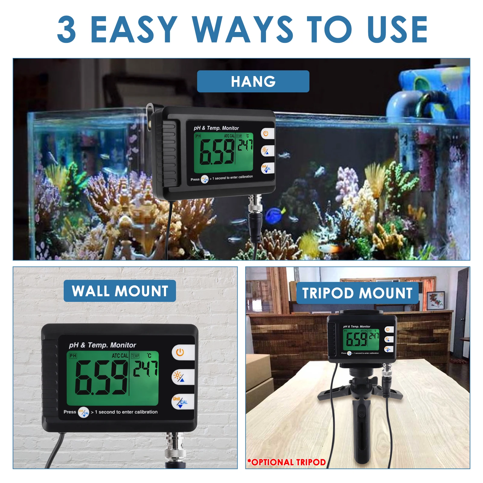 2-in-1 Combo pH & Temperature Meter Fish Tank Monitor Thermometer for Aquariums Laboratory w/ Replaceable BNC pH Electrode