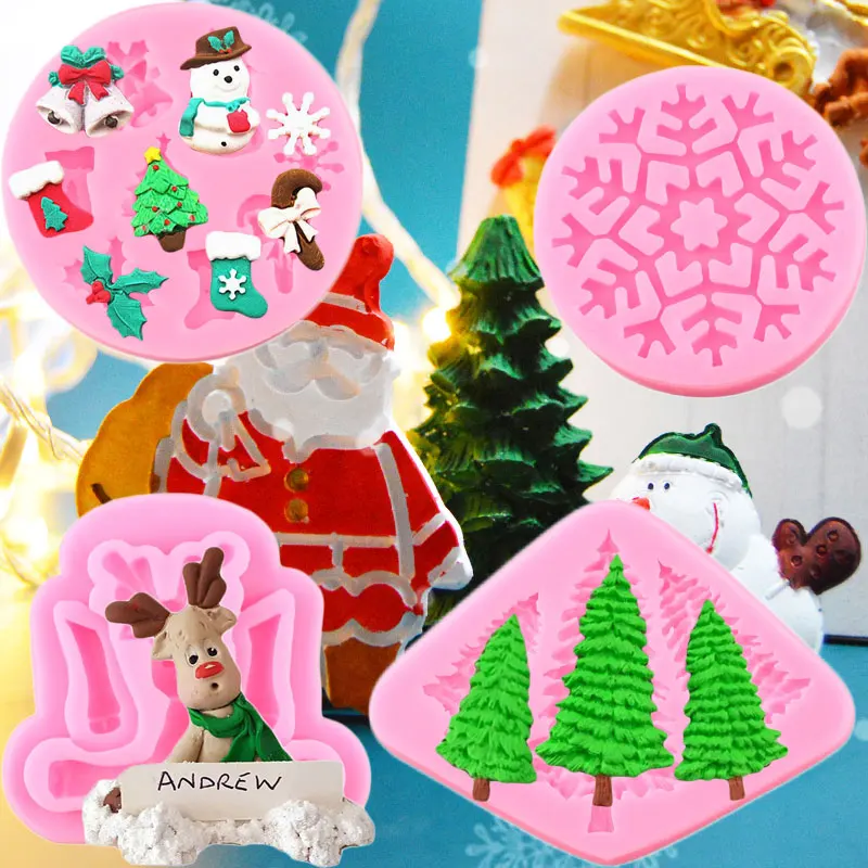 3D Christmas Tree Silicone Mold Deer Pine Cone Snowflake Cupcake Topper Fondant Cake Decorating Tools Candy Clay Chocolate Molds