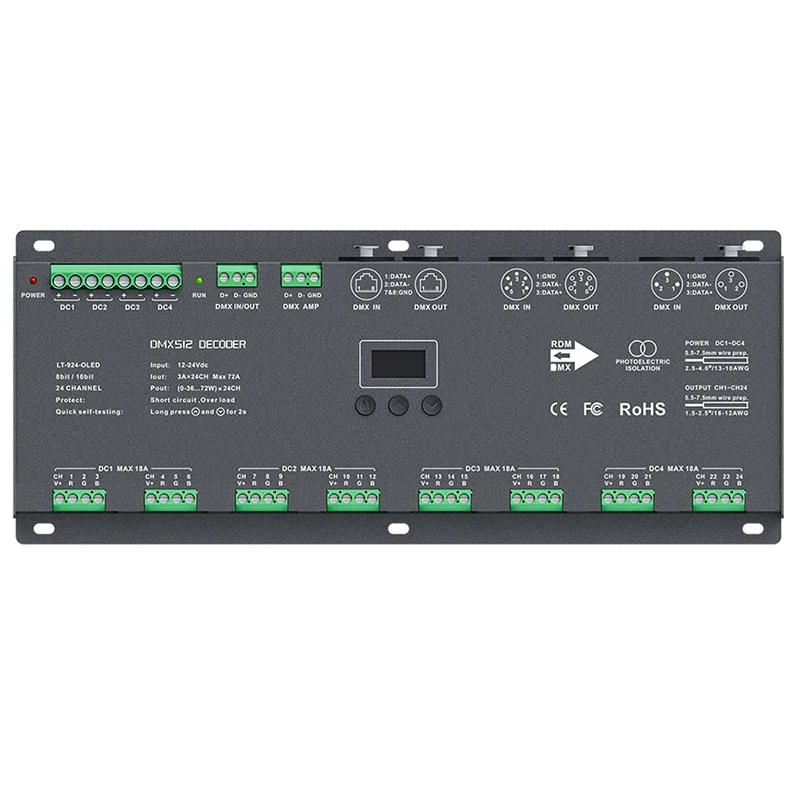 LTECH Led DMX512 Decoder Controller;16/24/32 Channel DMX DC12-24V;3A*24CH Max 96A Output Led RGB Strip RGBW XLR-3/RJ45 Port