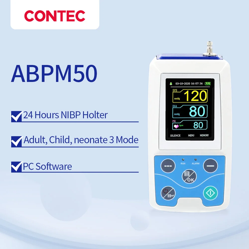 Ramienny ambulatorowy monitor ciśnienia krwi 24 godziny NIBP Holter CONTEC ABPM50 + dla dorosłych, dzieci, duże, 3 mankiety, bezpłatne oprogramowanie komputerowe