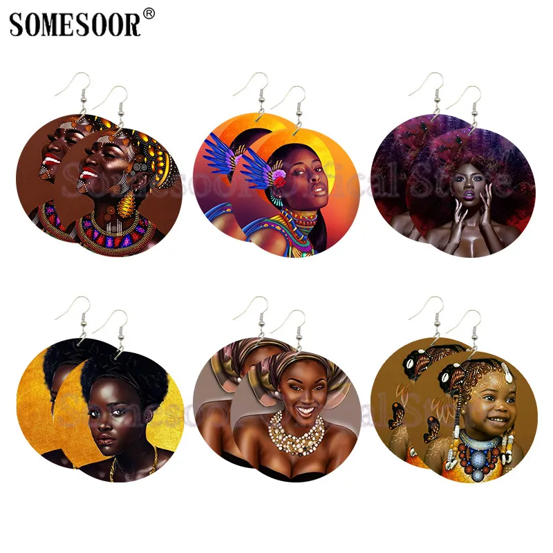 

SOMESOOR Afro Queen Natural Hair Black Art Wood Drop Earrings Print African Ethnic Headwraps Melanin Girl Designs For Women Gift