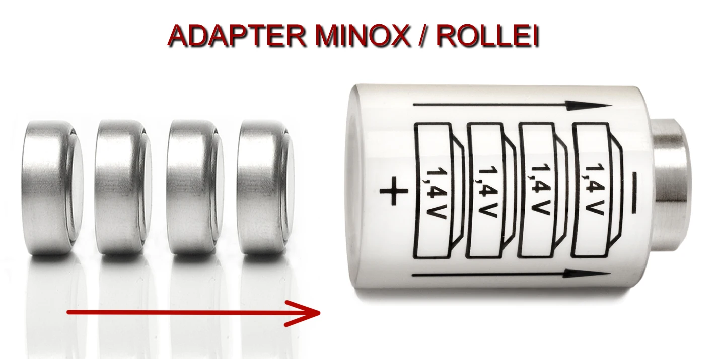 Adapter + 4 batteries A312(1,4V) for MINOX 35 (GT, PE, PL, EL, GL, AL), MINOX (C, EC, ECX, LX, TLX) and ROLLEI