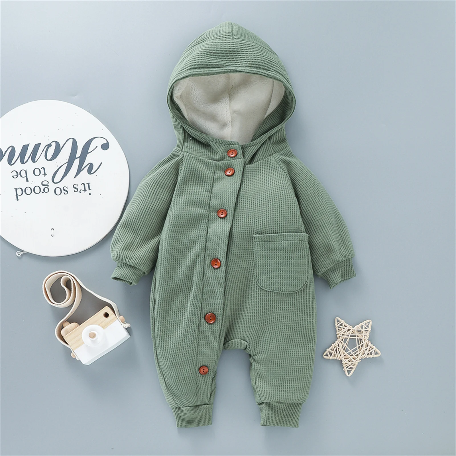 PatPat Jumpsuit wafel bertudung bayi, Jumpsuit hoodie lengan panjang tebal katun 95% lengan panjang bayi laki-laki dan perempuan