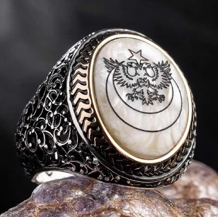 Silver Mens Ring with Mother of Pearl Double Headed Eagle Inlay Fashion Turkish Premium Quality Handmade Jawelery