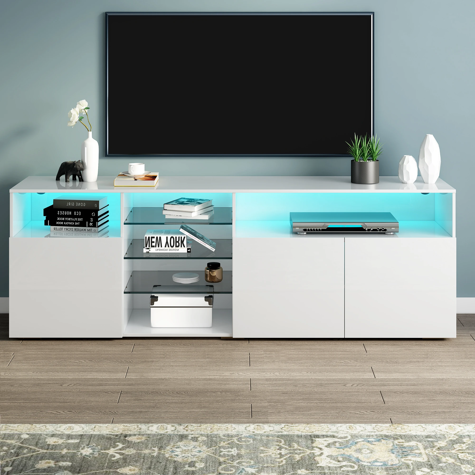 Functional TV Stand W/Color Changing LED Universal Entertainment Center High Gloss TV Cabinet for 70+ Inch TV White/Black[US-W]