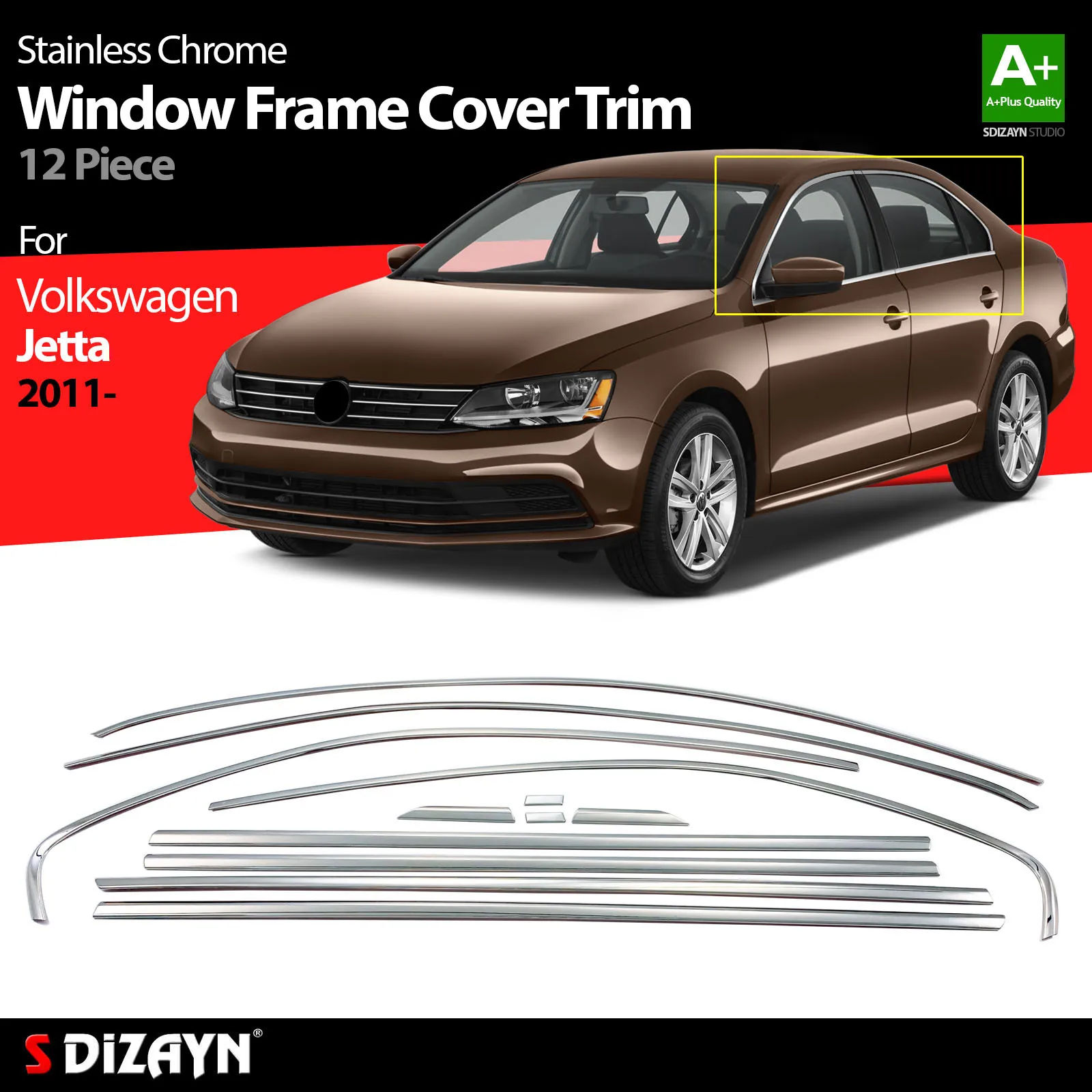 S Dizayn For Volkswagen Jetta Chrome Window Frame Cover Trim Stainless Steel 12 Pcs Exterior Car Accessories Parts Auto Products