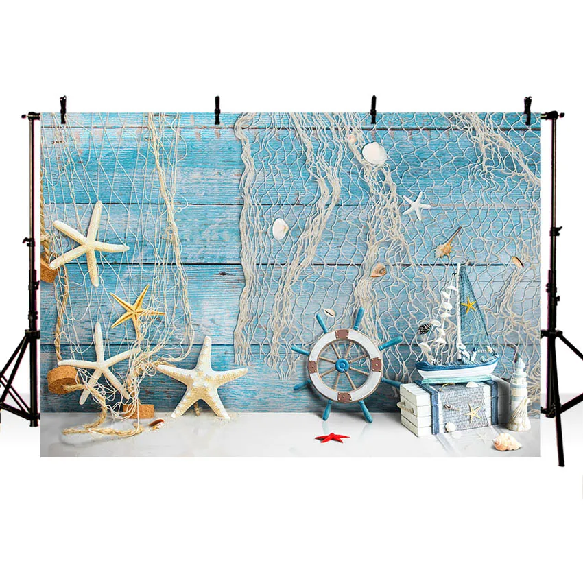 Nautical Rudder Backdrop for Photography Blue Wooden Board Fishing Net Sailor Adventure Portrait Background for Studio Photocall