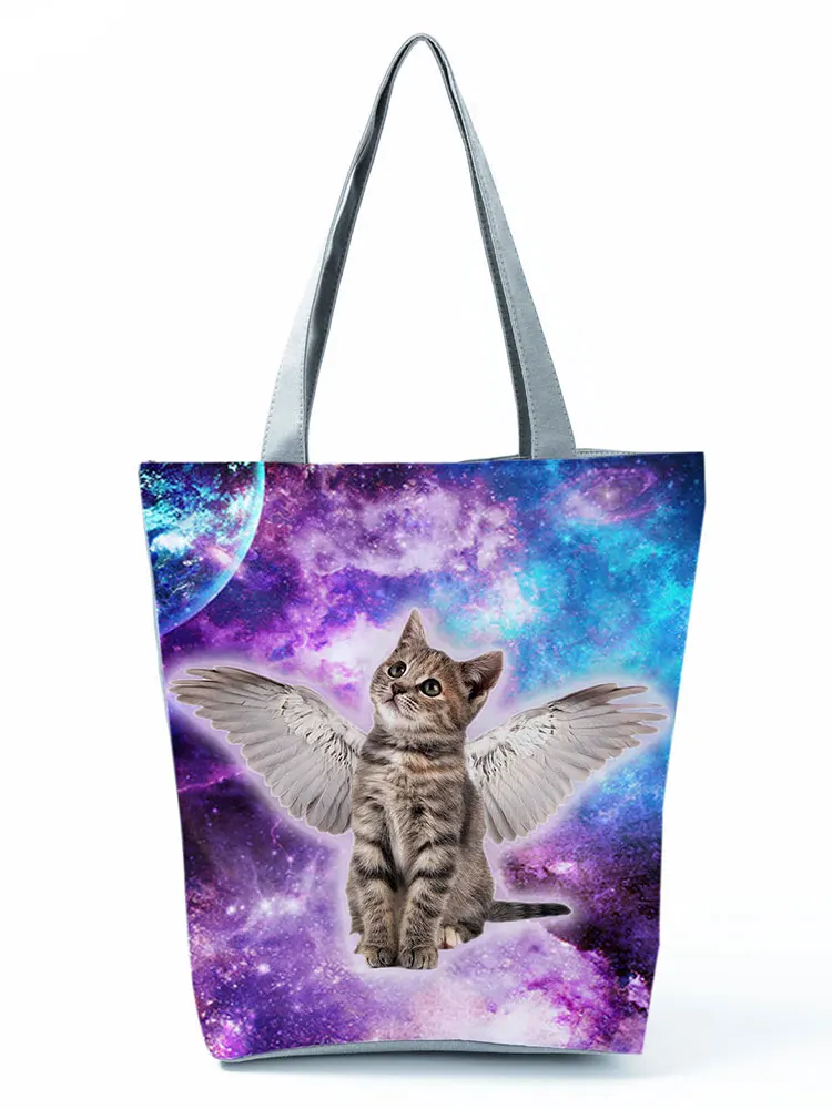 Cute Cat Angel Printed Shoulder Bag For Women Lazy Style Practical Handbag Large Polyester Female Shopping Bags Not Easy To Dirt