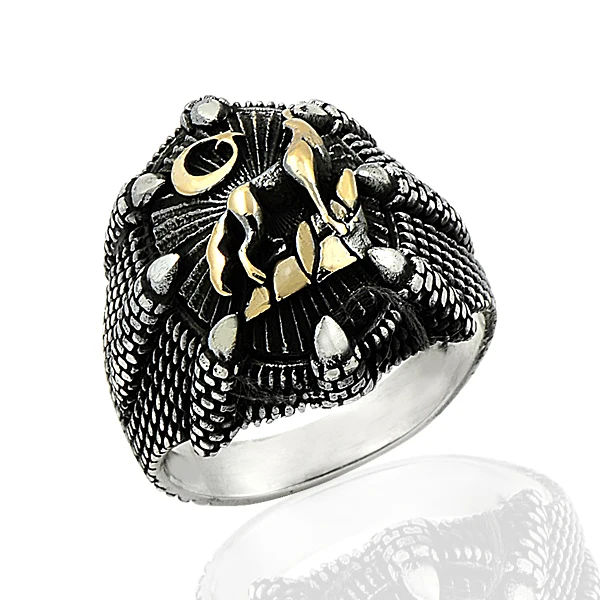 925 Silver Ethnic Moon and Wolf Printed English Men Rings