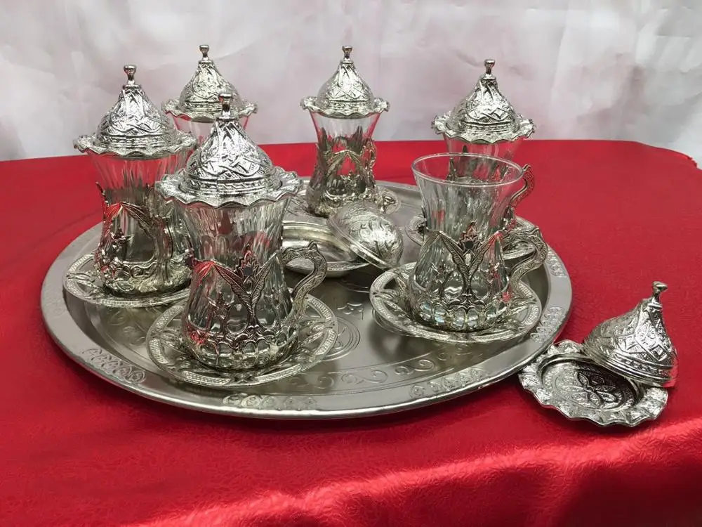 DOLBOVI Copper 27 PCs Slim Glass Tea Cup Set Custom Silver Color Tea Set Turkish Arabic Moroccan Traditional Cup cup tea handmade bowl beautiful