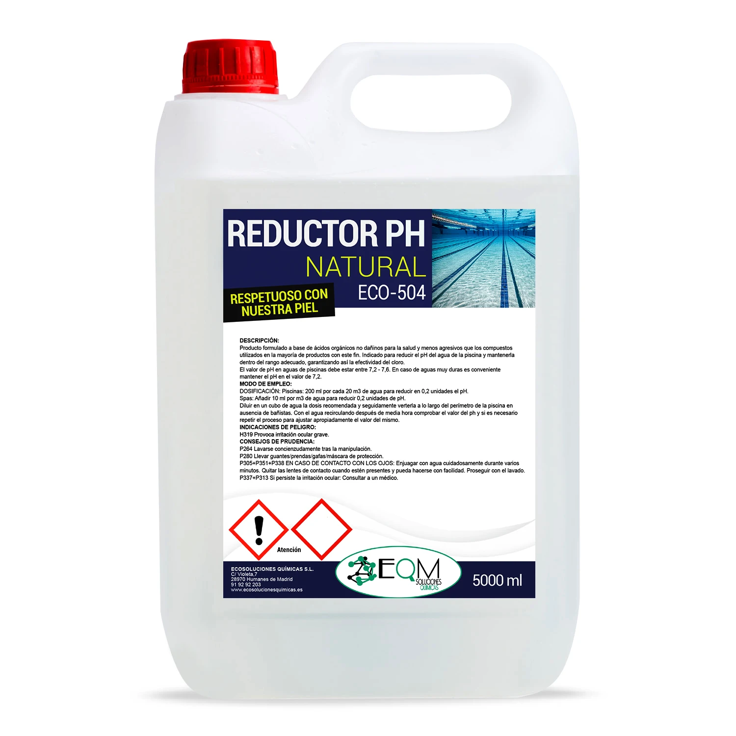 Natural PH reducer for pool and SPA | Adjust and regulate the PH of your pool | Eco-friendly 100% | Skin friendly | 5L | ECO-504 | EQM chemical solutions