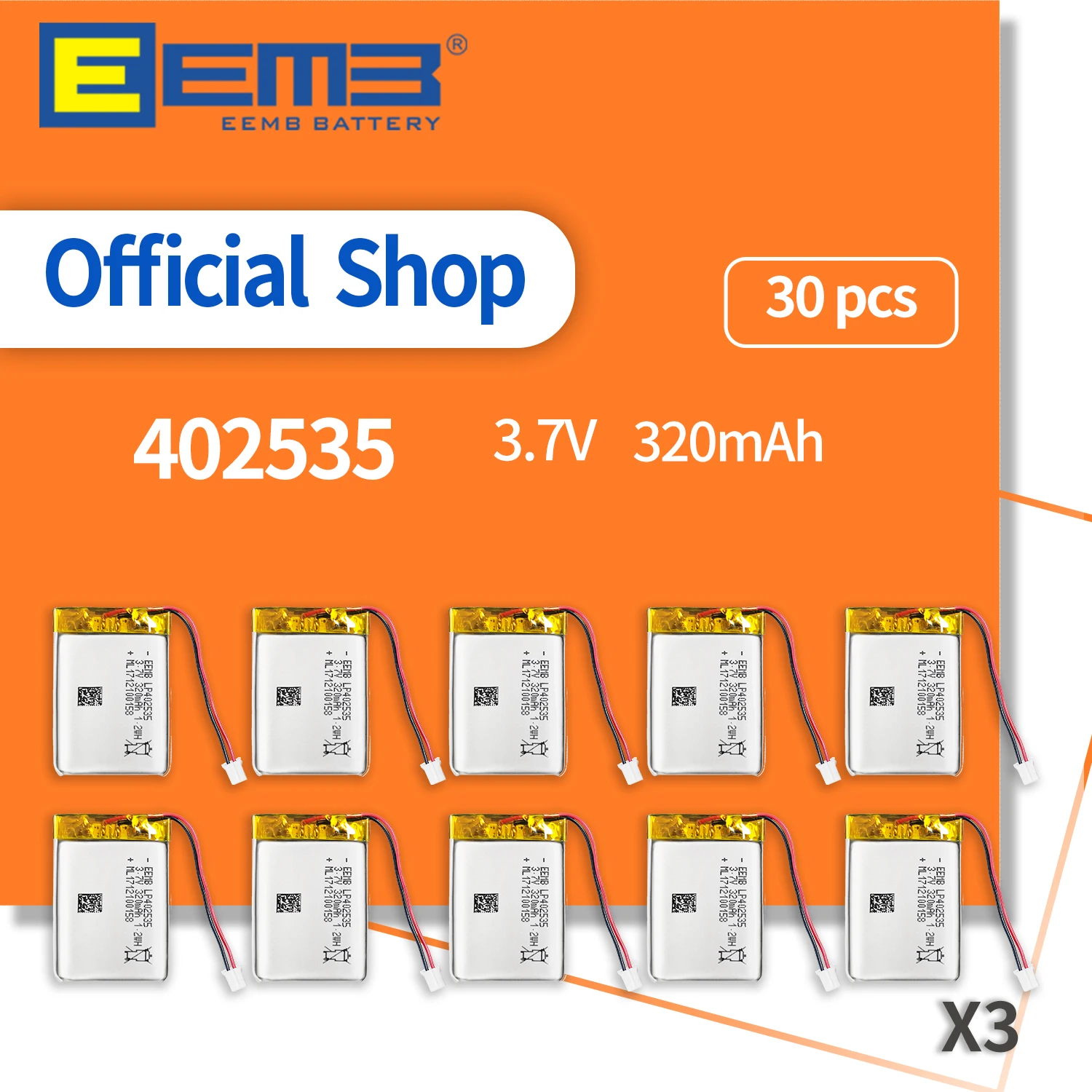 

EEMB 30PCS 3.7V Battery 300mAh 402535 Rechargeable Lithium Lipo Polymer Battery for Cameras Bluetooth Computers Doorbell WiFi