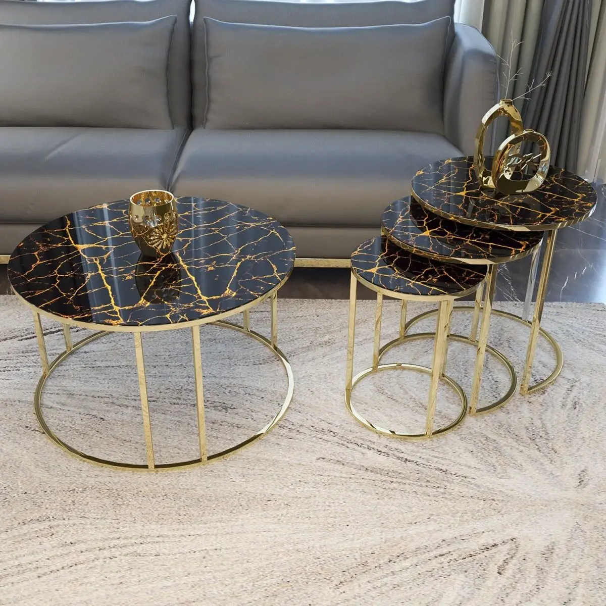 Home Decoration Unbreakable Glass 3 Piece Zigon Coffee Coffee Table (Marble Patterned) Metal Decapod Elegant Design