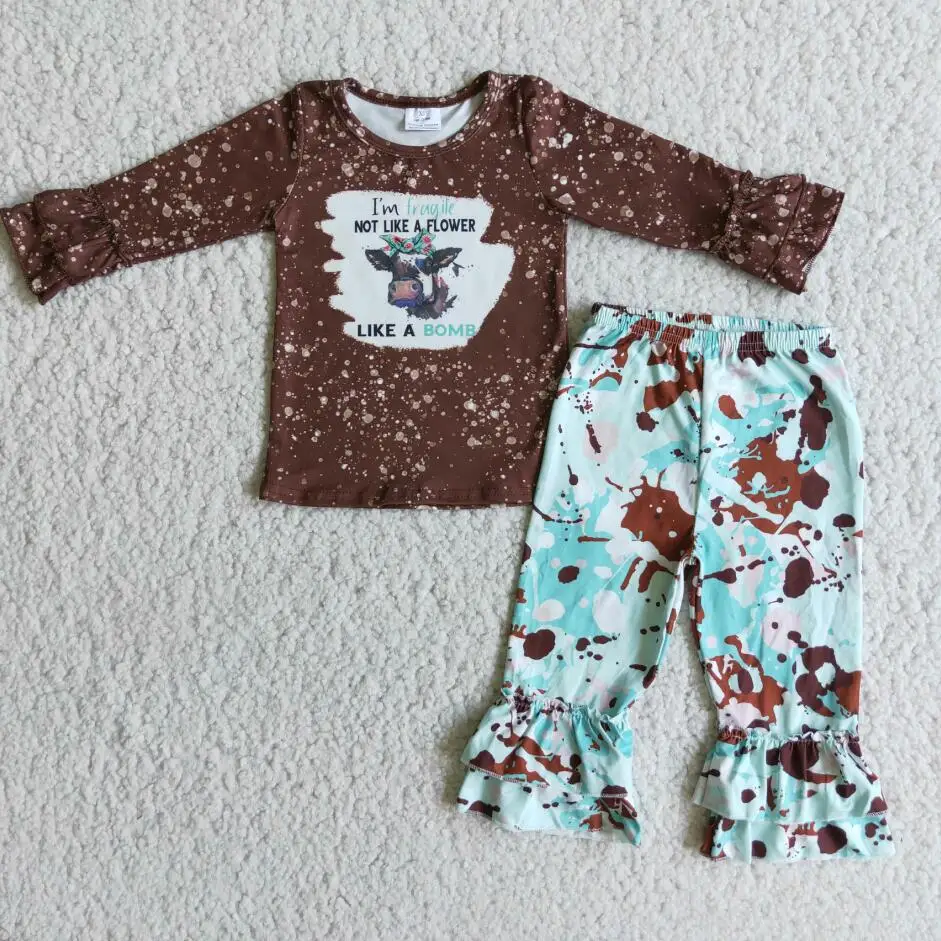 

Fall Winter Kids Clothing Cow Print Brown Long-sleeved Top And Blue Pants Suit Children's Clothes