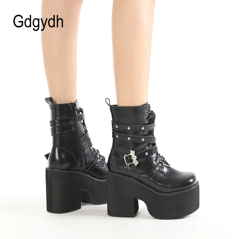 Gdgydh Leather Women Modern Boots Gothic Style Metal Bat Dark Black Platform Mid Calf Boots Chunky Heels Sexy Fashion High Heels