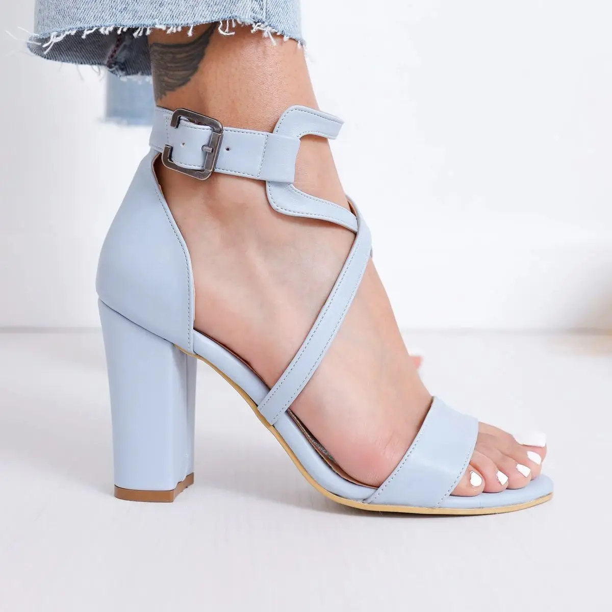 Summer Spring Women PU Leather Heels Shoes Baby Blue New Design Ansley