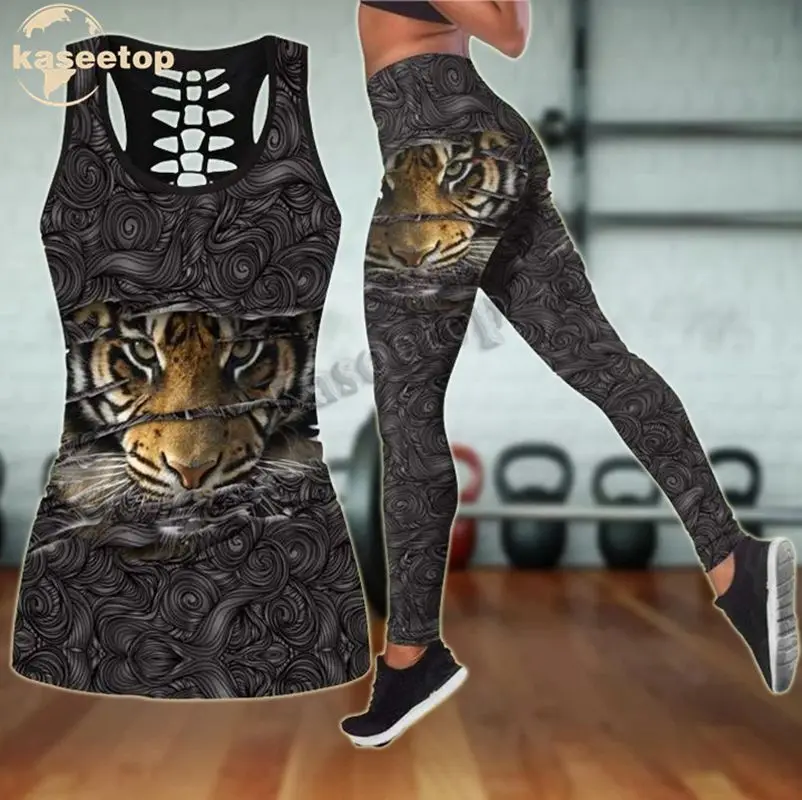 Kaseetop Powerful Tiger Eyes Combo Two Piece Yoga Set Women 3D Print Vest Hollow Out Hollow Tank & Legging Outfit Summer LK157