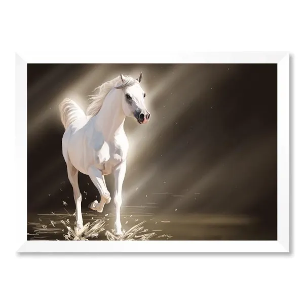 Quadro Cavalo Branco Radiante de Luz Com Vidro