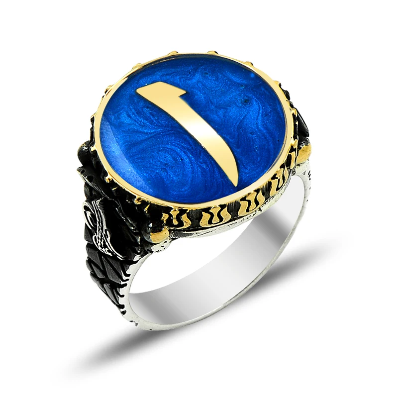 925 Silver Blue Alif Arabic Letter Initial Ring for Men Mans Ring