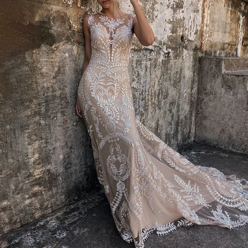 Boot Ausschnitt Ziel Boho Hochzeit Kleid Illusion Spitze Nach Maß Durchsichtig Strand Backless Ausschnitte Elopement Brautkleid