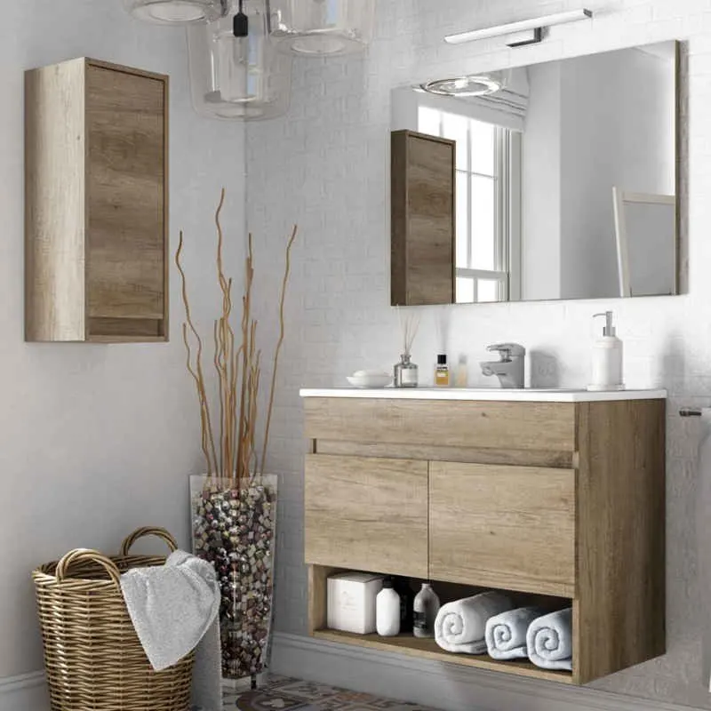 Hanging toilet cabinet + mirror + ceramic sink + auxiliary cabinet (1 open compartment 2 doors) measures: 80x45x64 cm