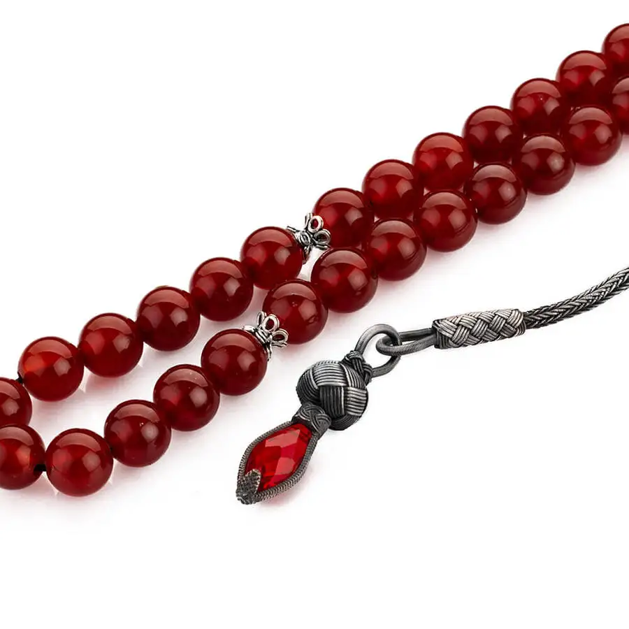 Silver Red Agate Gemstone Prayer Rosary Men Sphere Cut Rosary With Silver Tassel Turkish Tasbih Drop Model Tassel 925k Silver