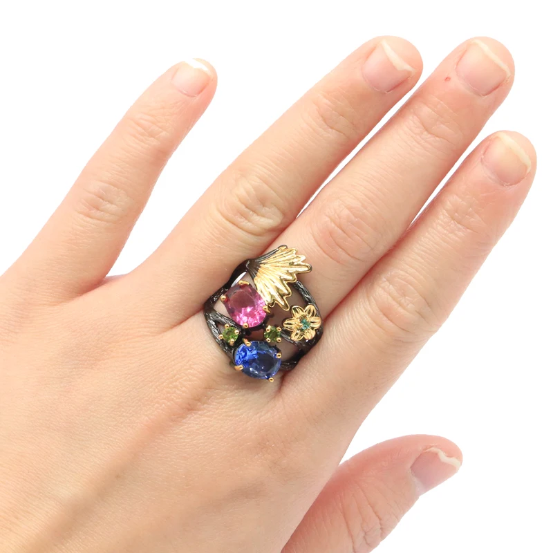 Buy 4 Get 1 Free 25x20mm Neo-Gothic 6.2g created Tourmaline Tanzanite Peridot Blue Turquoise Black Gold Silver plated Rings view 3