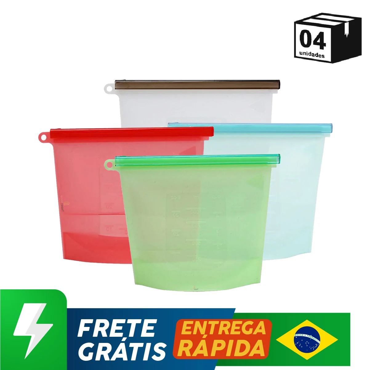 Kit 4 Unidades Sacos De Silicone Para Alimentos Com Fecho Hermético 1 Litro Topen Home