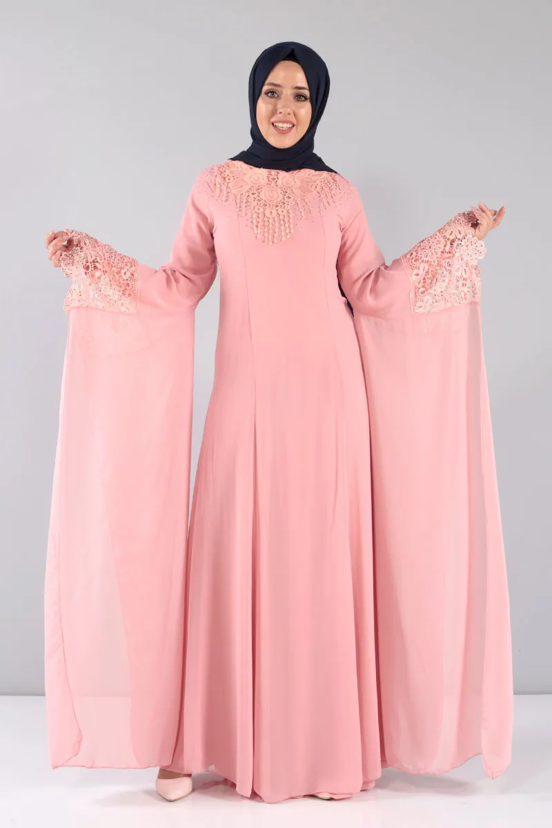 Colar Laced Temporary Shed Chiffon Evening Dress TBT8426 Powder long dress women Dubai turkish hijab girls Islamic clothing Tunic big size