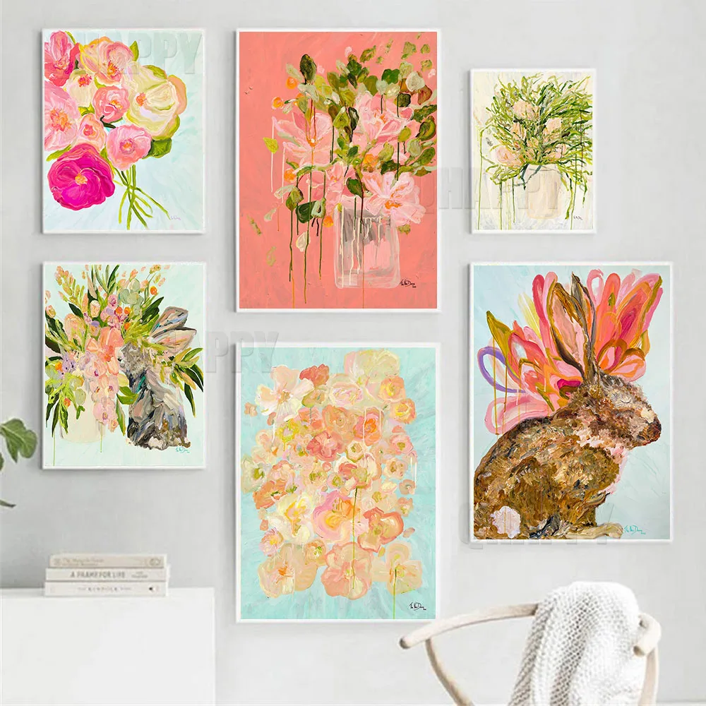 Abstract Floral Wall Art Canvas Painting Rockstar Rabbit Bunny With Fower Crown Prints Nordic Poster For Livingroom Home Decor