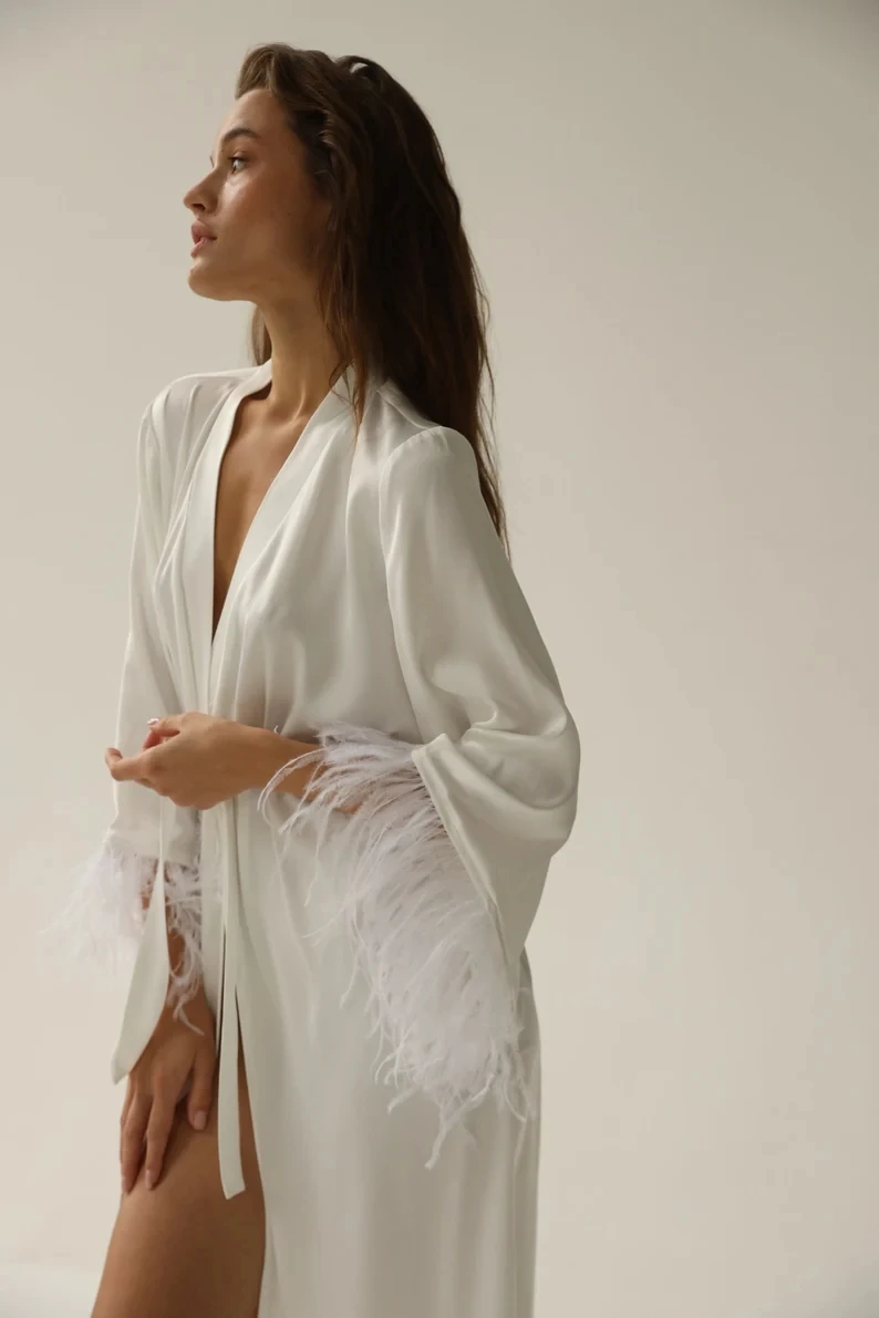 Bride Robe With Feather Sleeves White Boudoir Robe Long Gown Silk Bridal Wedding Dressing Women Sheer Lace Robes Bridesmaid Gift