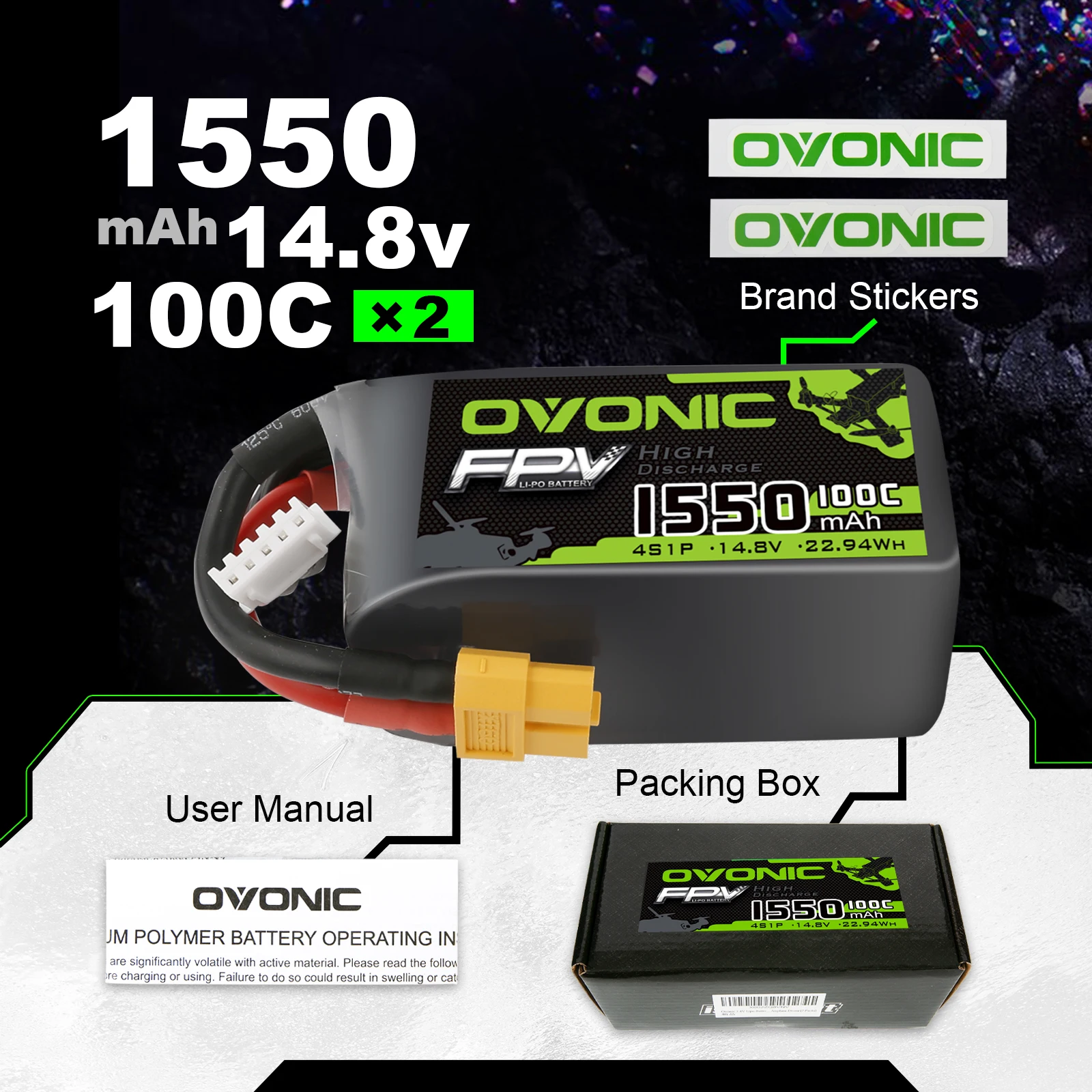 Bateria Ovonic Lipo com Conector XT60, RC, FPV, Corrida Drone, Quadcopter, 100C, 1550mAh, 14.8V, 4S, 2 Pacotes