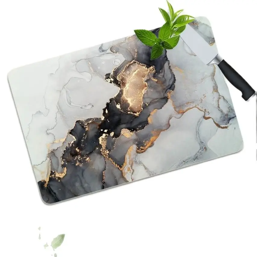 Marble Looking Glass Cutting Board Black Pattern Gold Printed Turkish Kitchen Tools 29x34 Size Antibacterial Heat Resistant