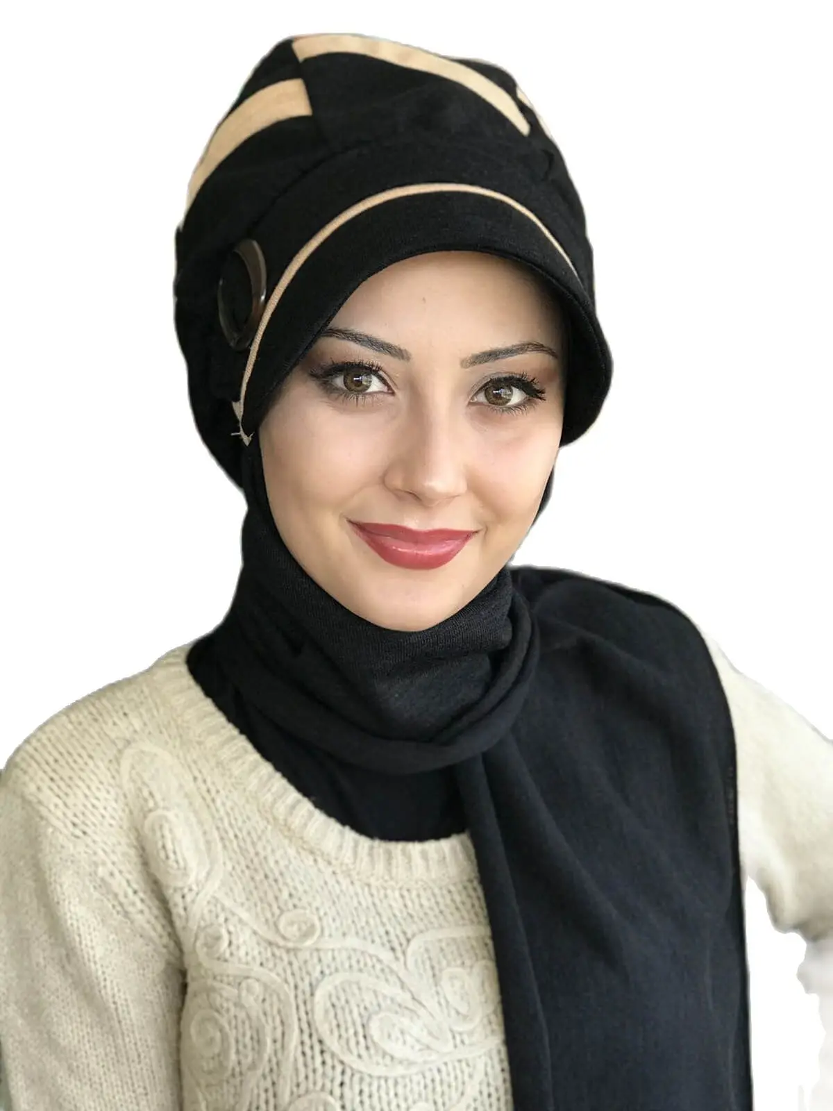 New Fashion Women 2021 Muslim Headscarf Islamic Turban Women's Scarf Tulle Foulard Bonnet Black Buckled Cream Striped Hat Shawl