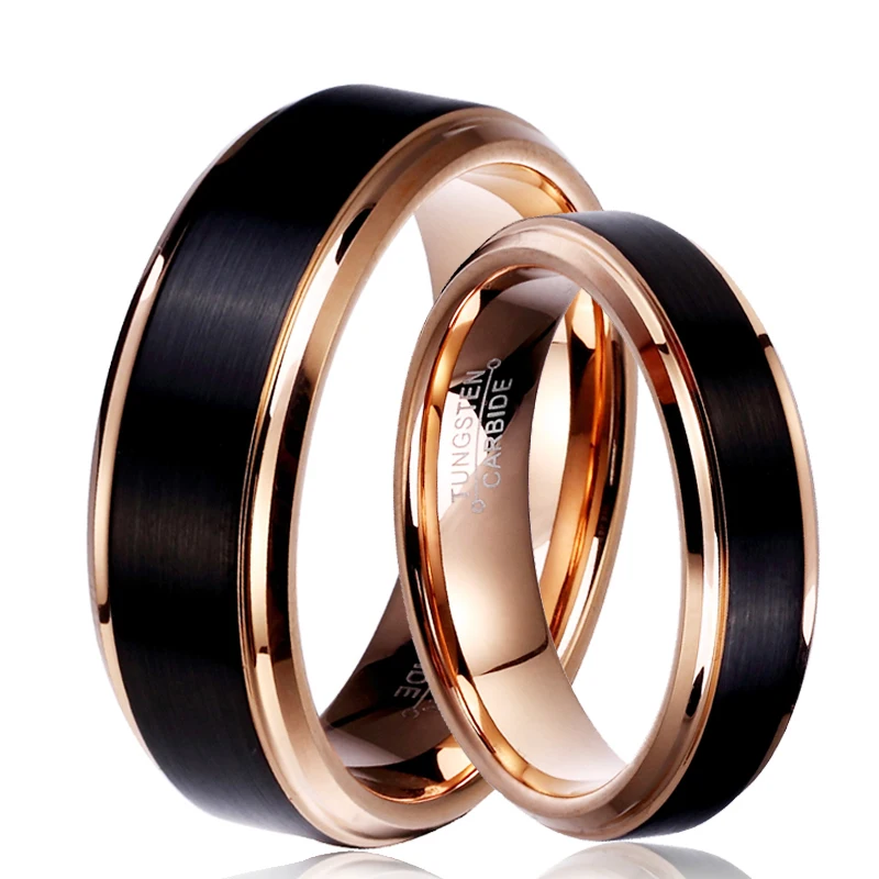 Soul Men 1 Pair Man & Woman Black & Rose Gold Color Tungsten Carbide Marriage Wedding Rings Set 8mm for Boy 6mm for Girl