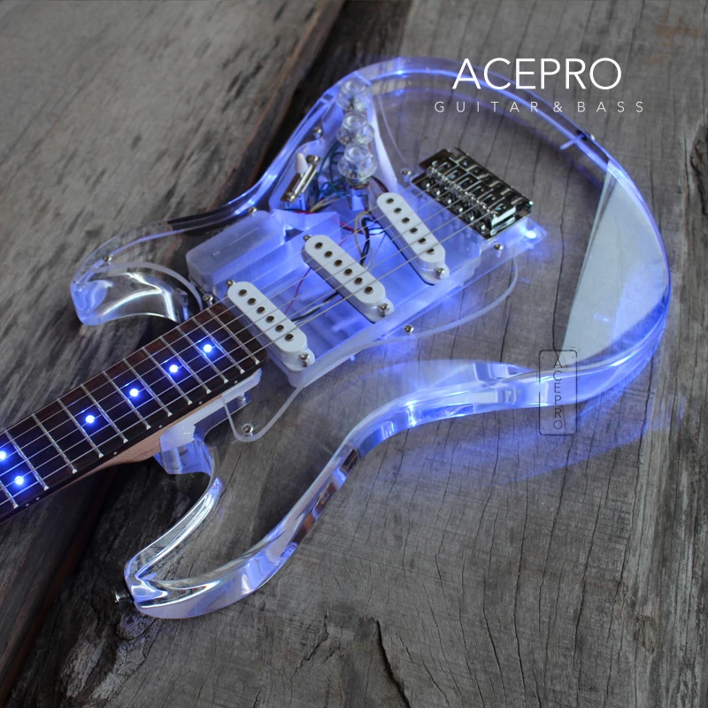 In Stock Acepro Blue LED Light Electric Guitar, Clear Acrylic Body, Transparent Pickguard and Knob, 3 Single Pickups, Maple Neck