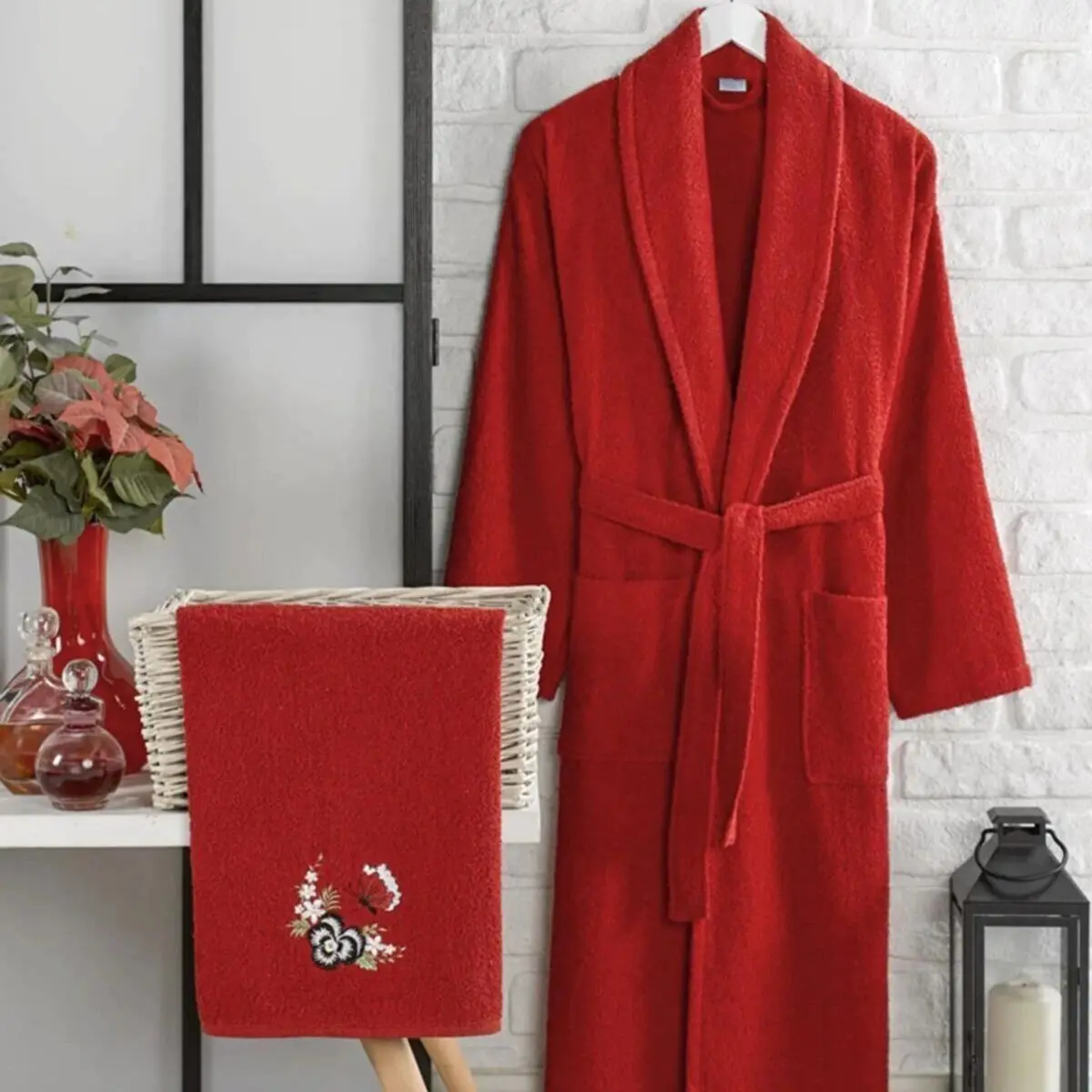 

2 Pcs Lux Soft Cotton Red Bathrobe Set For Women 1 Bathrobe 1 Head Towel Bathrobe Robe Set Nightrobe Sleepwear Home Wear Turkey